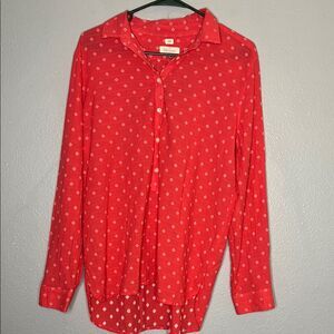 Loft Coral White Stitching Detail Full Button Up Collared Blouse Size Large